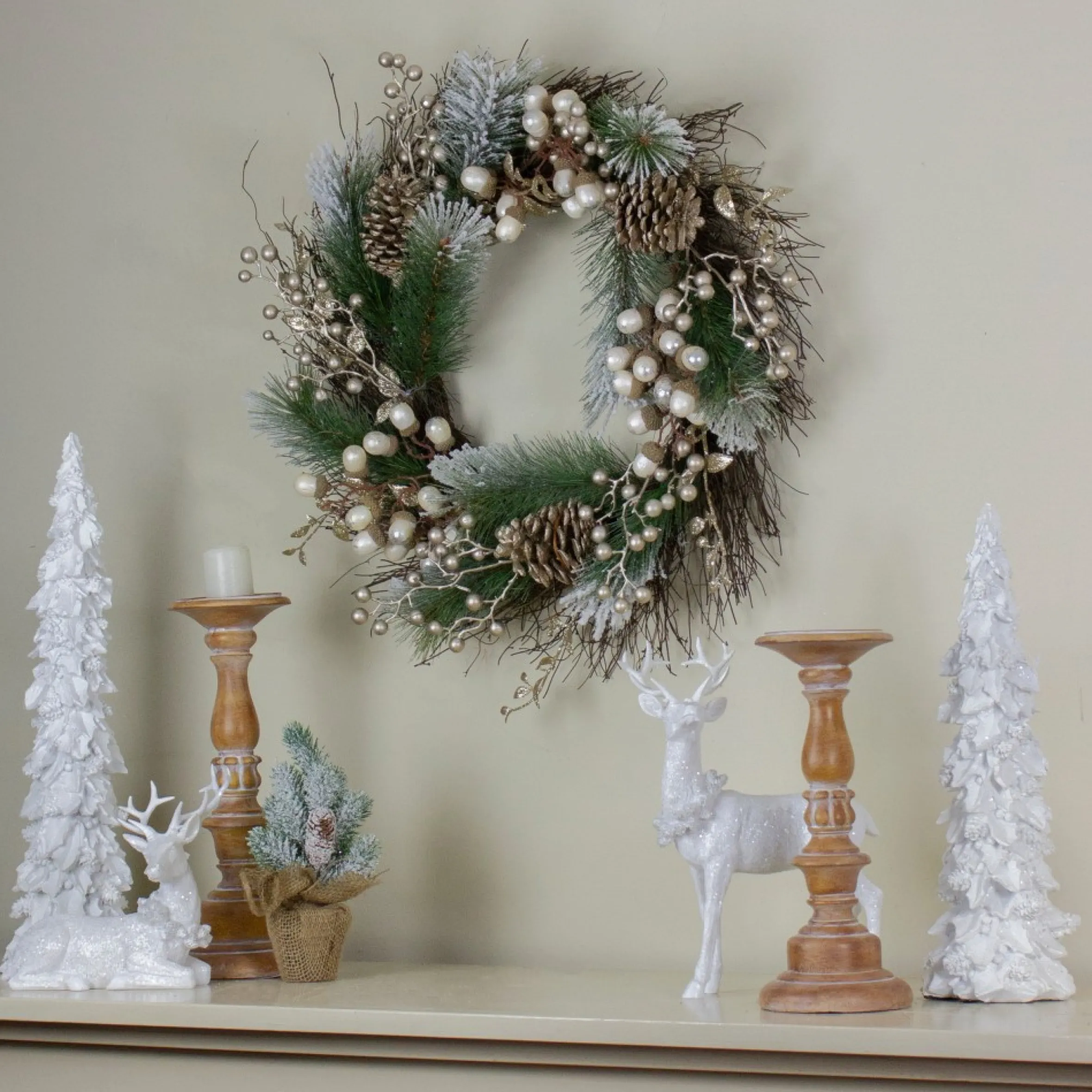 Acorn And Pine Cone Flocked Pine Needle Artificial Christmas Wreath - 22-Inch, Unlit