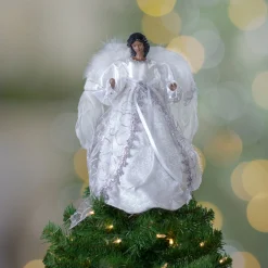 14" African American Silver And White Angel Christmas Tree Topper, Unlit
