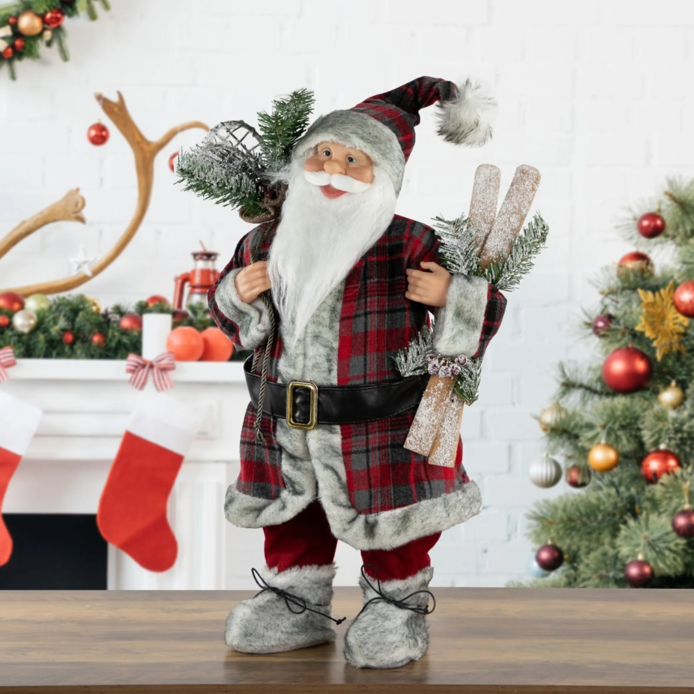 24" Alpine Santa Claus With Snowshoes And Skis Christmas Figure