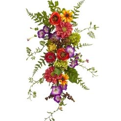 24" Artificial Garden Mixed Flower Teardrop Swag, Unlit