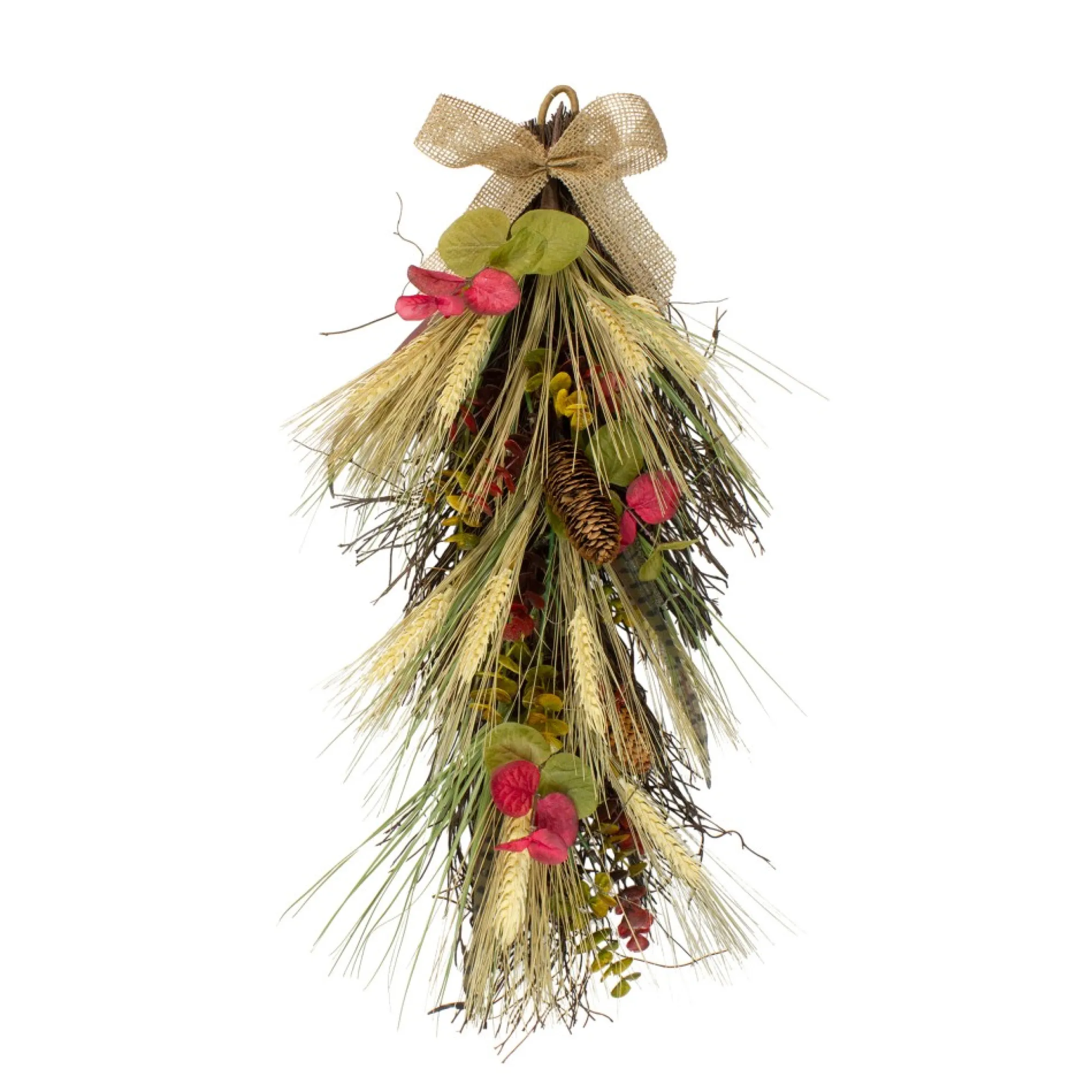 24" Autumn Harvest Wheat And Eucalyptus With Feathers Teardrop Swag - Unlit