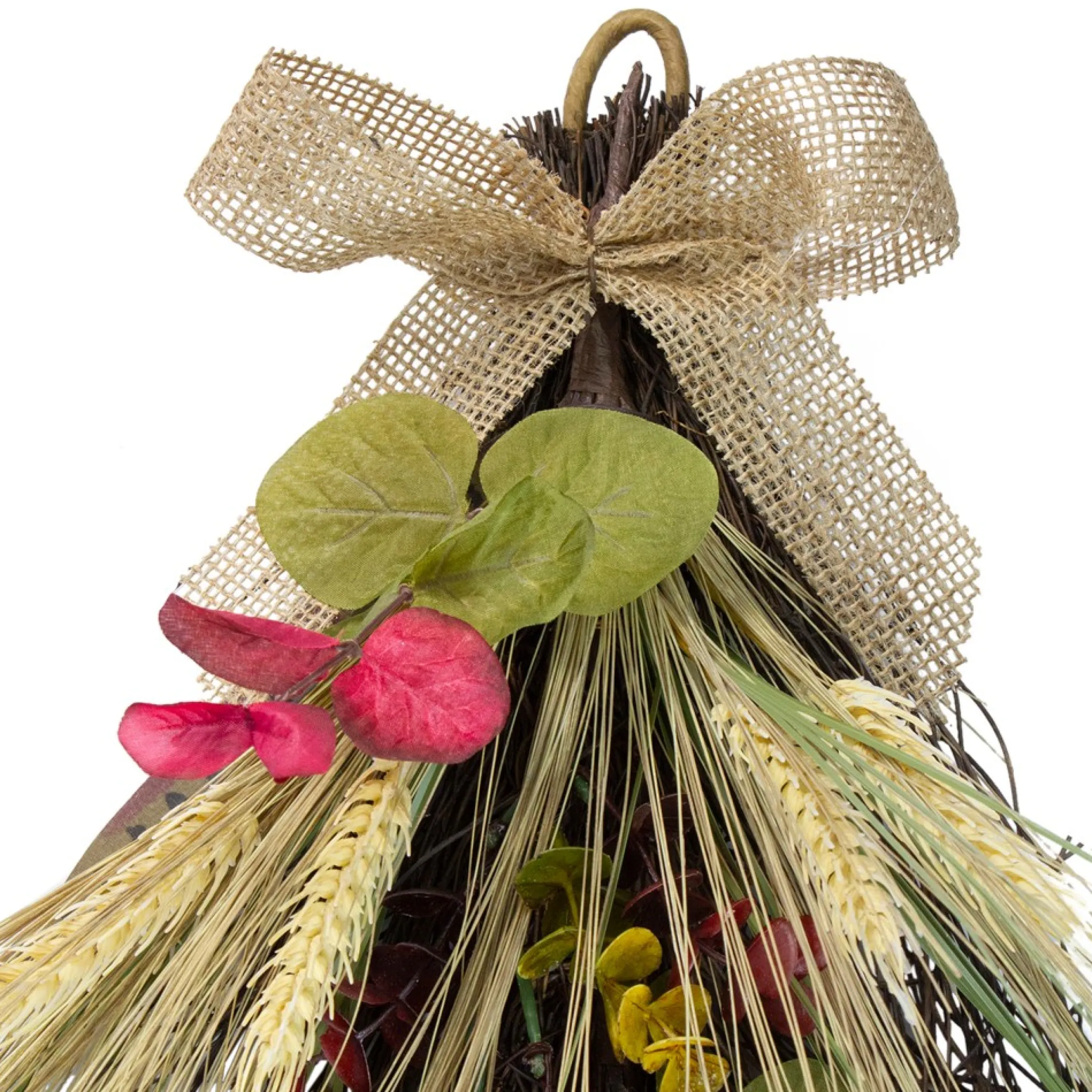 24" Autumn Harvest Wheat And Eucalyptus With Feathers Teardrop Swag - Unlit