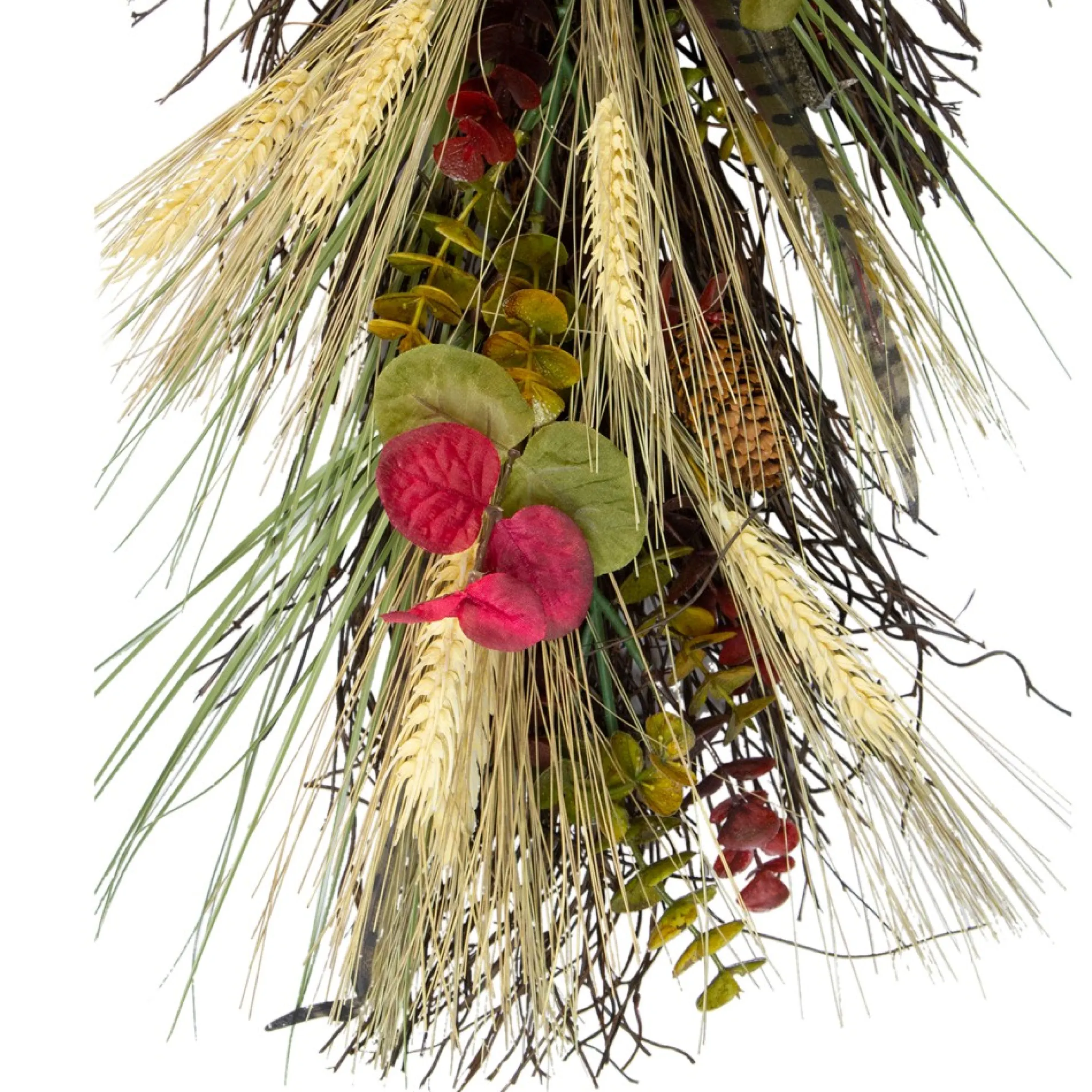24" Autumn Harvest Wheat And Eucalyptus With Feathers Teardrop Swag - Unlit