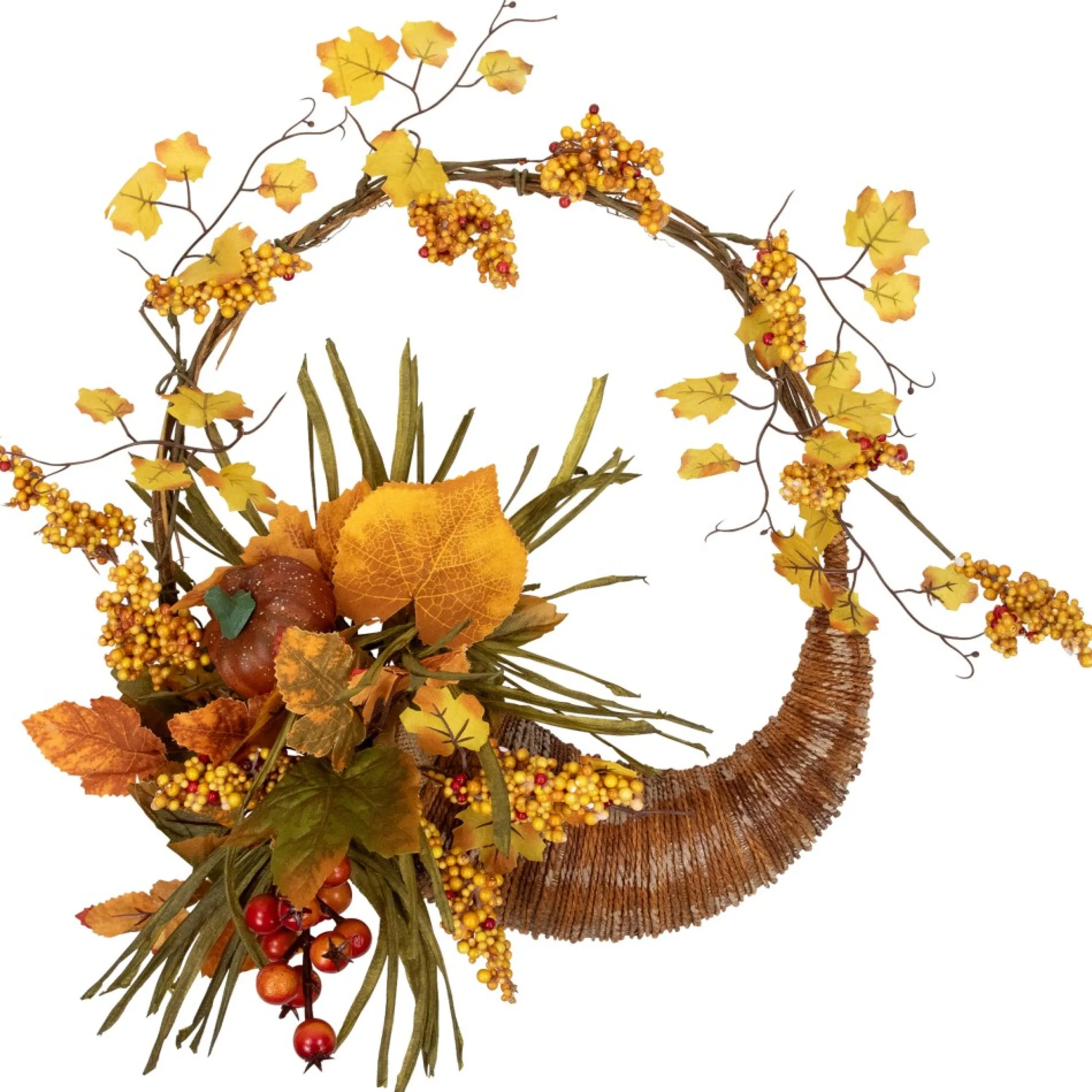 Autumn Leaves With Berries Artificial Fall Harvest Cornucopia Wreath, 18-Inch, Unlit
