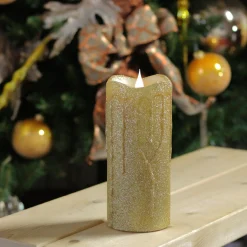 7" Battery Operated Gold Glittered Flameless Led Christmas Pillar Candle With Moving Flame