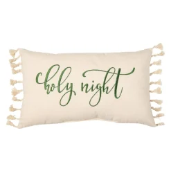 14" Beige And Green Embroidered Cozy Christmas Rectangular Throw Pillow