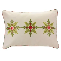 19.5" Beige And Green Embroidered Snowflake Rectangular Christmas Throw Pillow