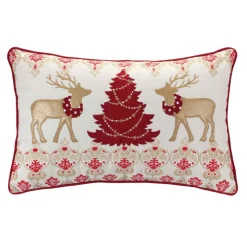 19" Beige And Red Embroidered Nordic Reindeer Rectangular Christmas Throw Pillow