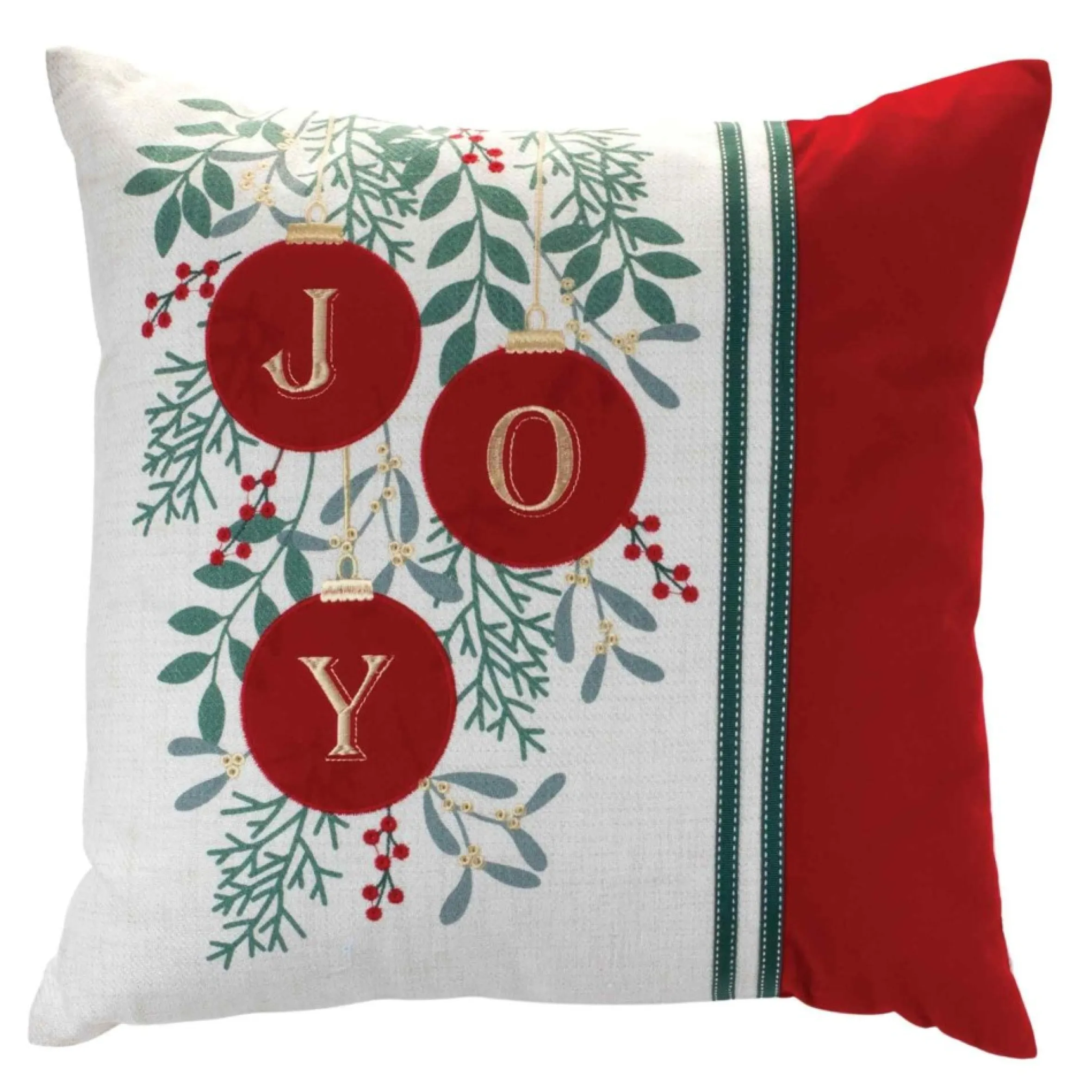 17" Beige And Red Embroidered Ornament "Joy" Square Christmas Throw Pillow