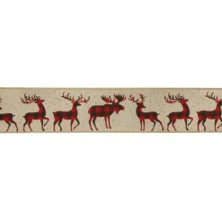 Beige And Red Plaid Buffalo With Reindeer Christmas Wired Craft Ribbon 2.5" X 16 Yards