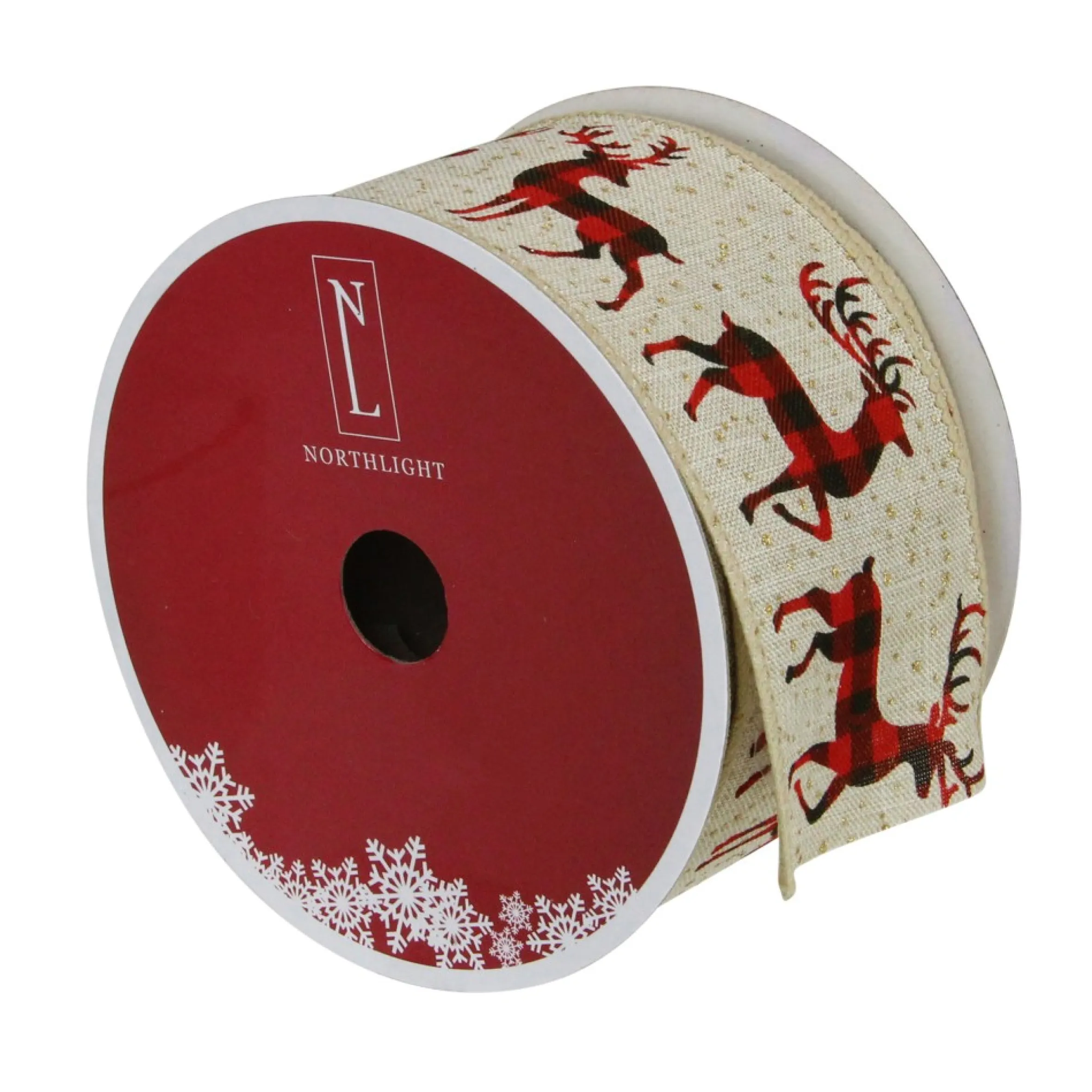 Beige And Red Plaid Buffalo With Reindeer Christmas Wired Craft Ribbon 2.5" X 16 Yards