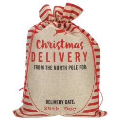 27" Beige And Red Striped "Christmas Delivery" Tie Gift Bag