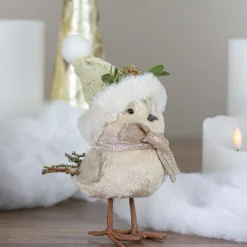 8" Beige And White Plush Bird In Santa Hat Christmas Figure
