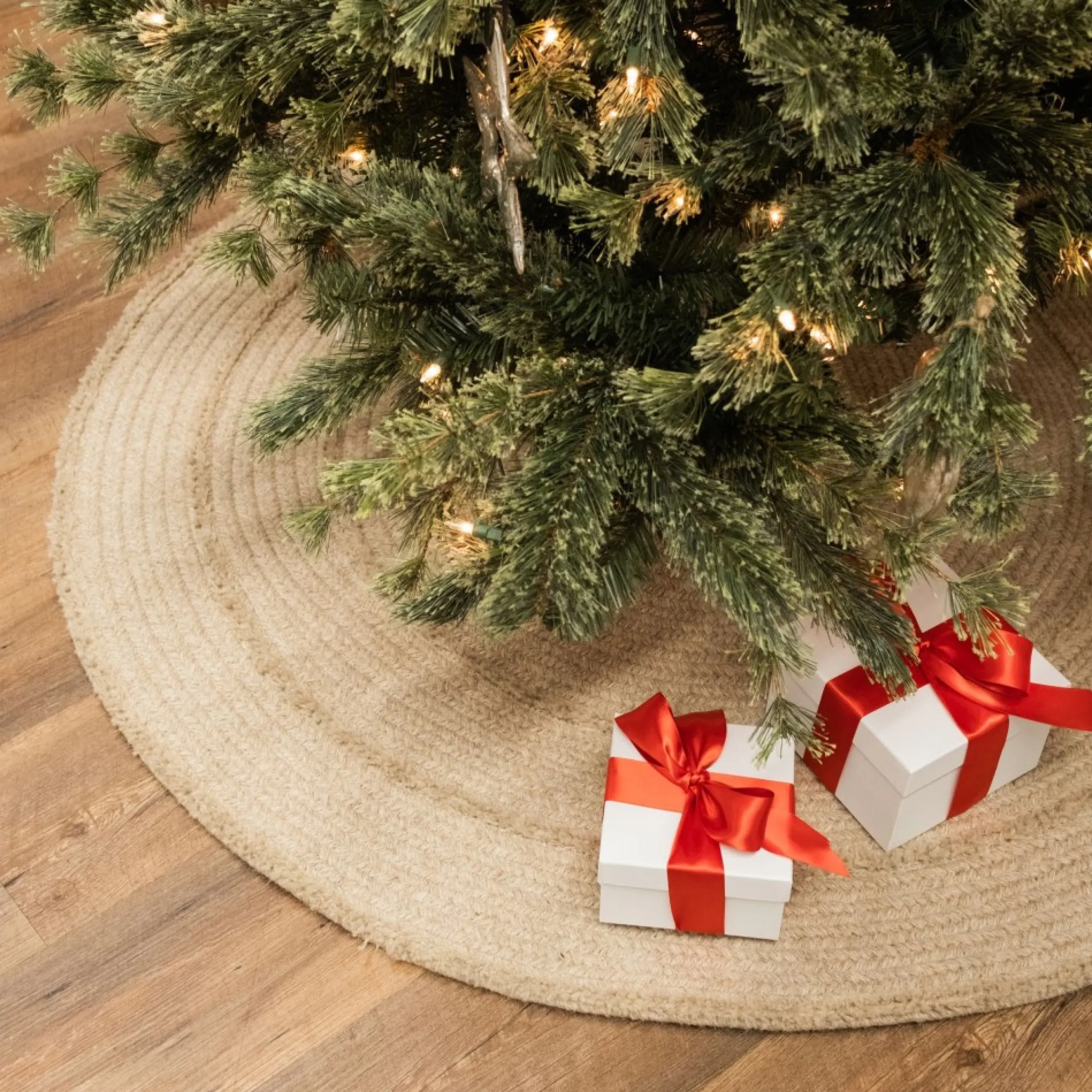 44" Beige Natural Wool Stripe Round Christmas Tree Skirt