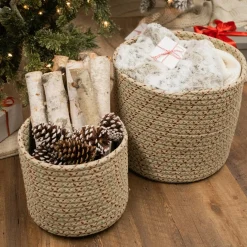 12" Beige Woven Dasher Braided Round Christmas Storage Basket