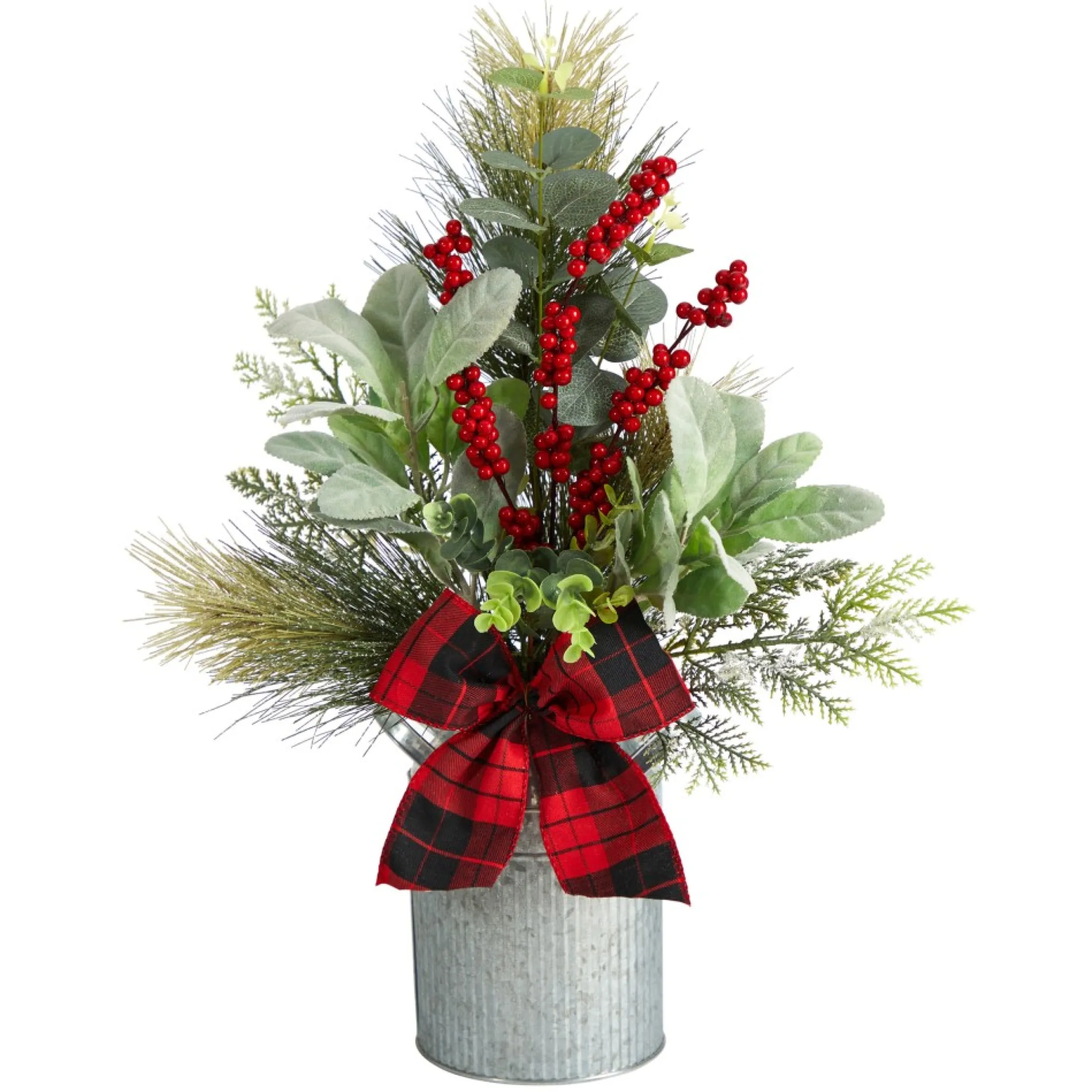 20" Berries And Pine Artificial Christmas Arrangement With Tin Vase