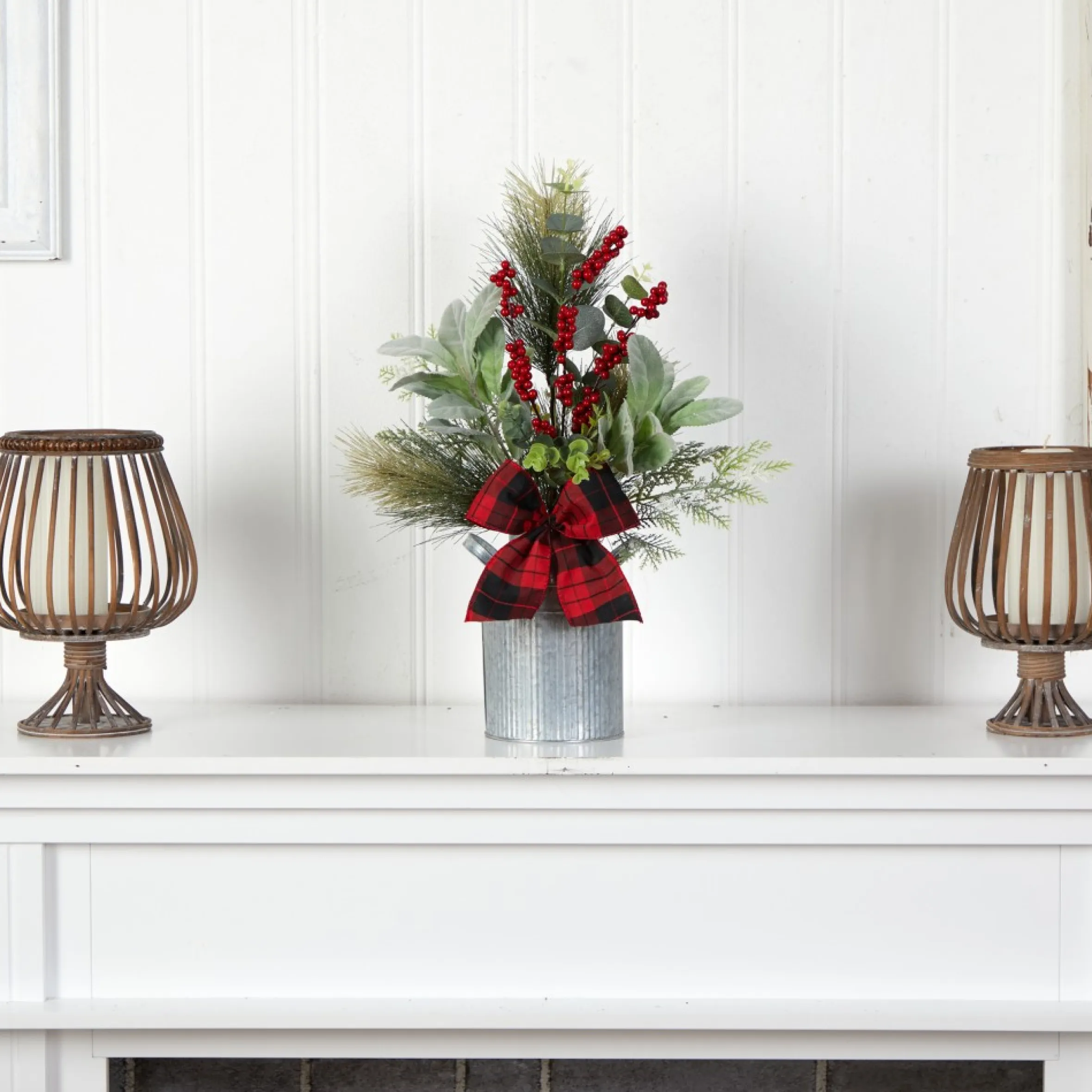 20" Berries And Pine Artificial Christmas Arrangement With Tin Vase