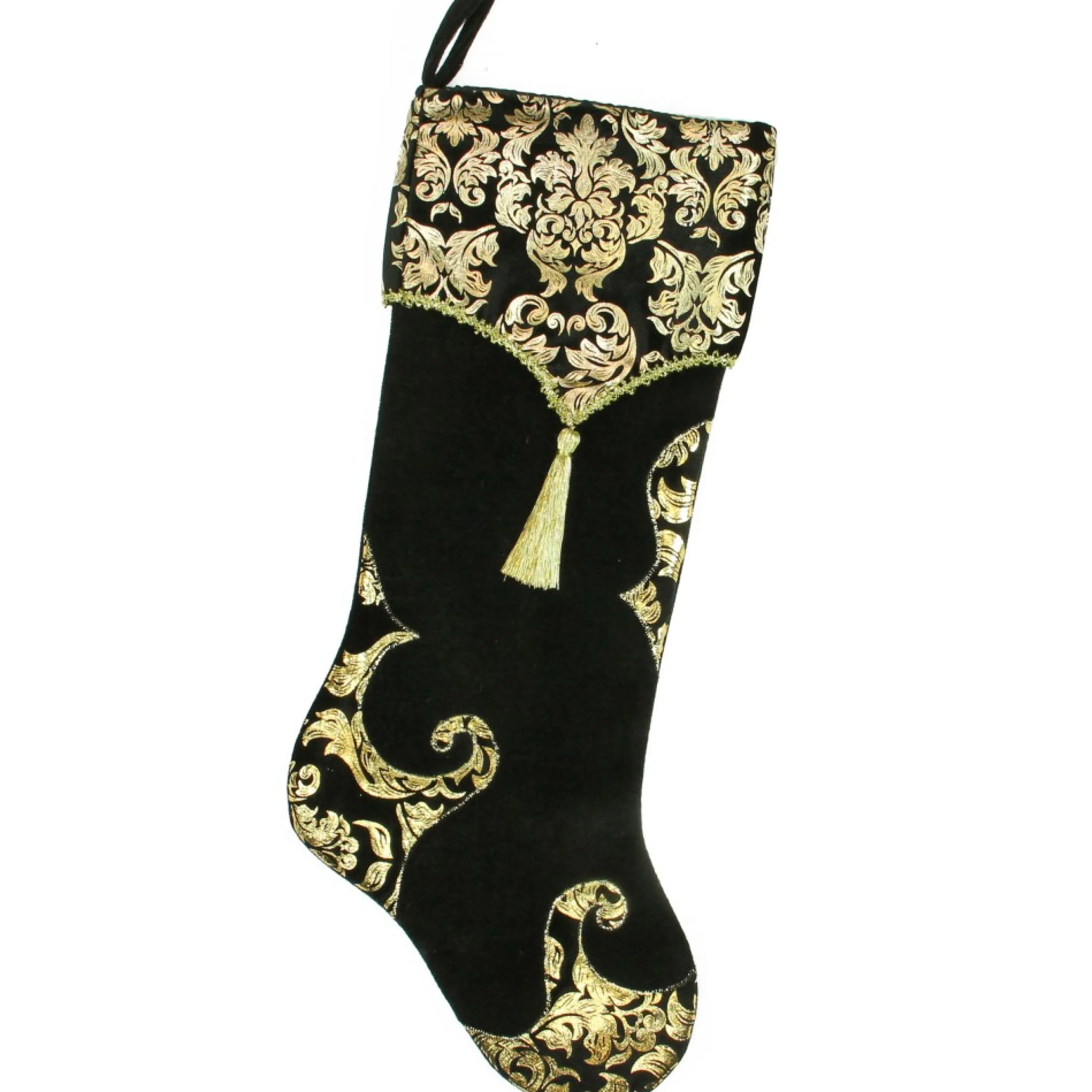 21.5" Black And Gold Damask Velveteen Christmas Stocking With Tassel
