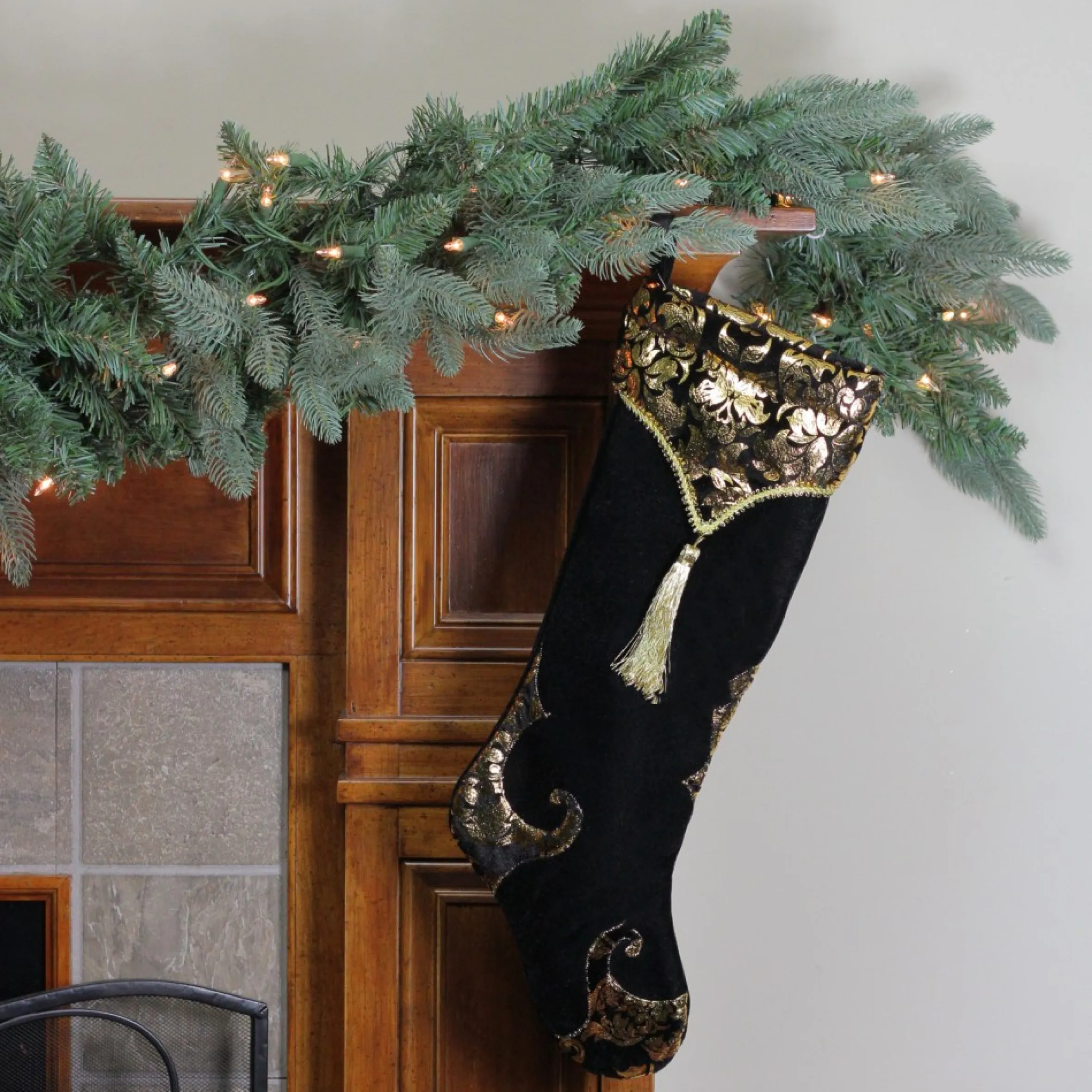 21.5" Black And Gold Damask Velveteen Christmas Stocking With Tassel