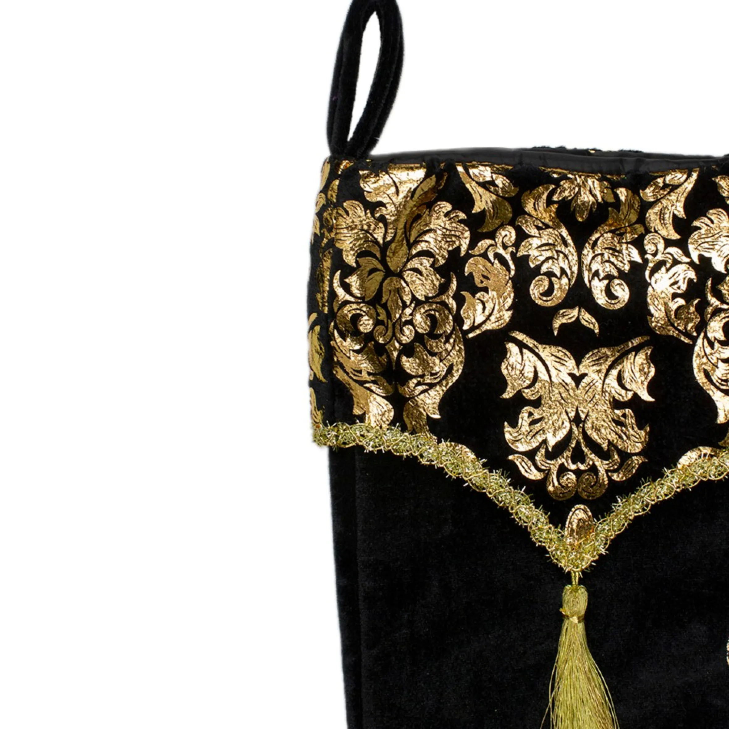 21.5" Black And Gold Damask Velveteen Christmas Stocking With Tassel