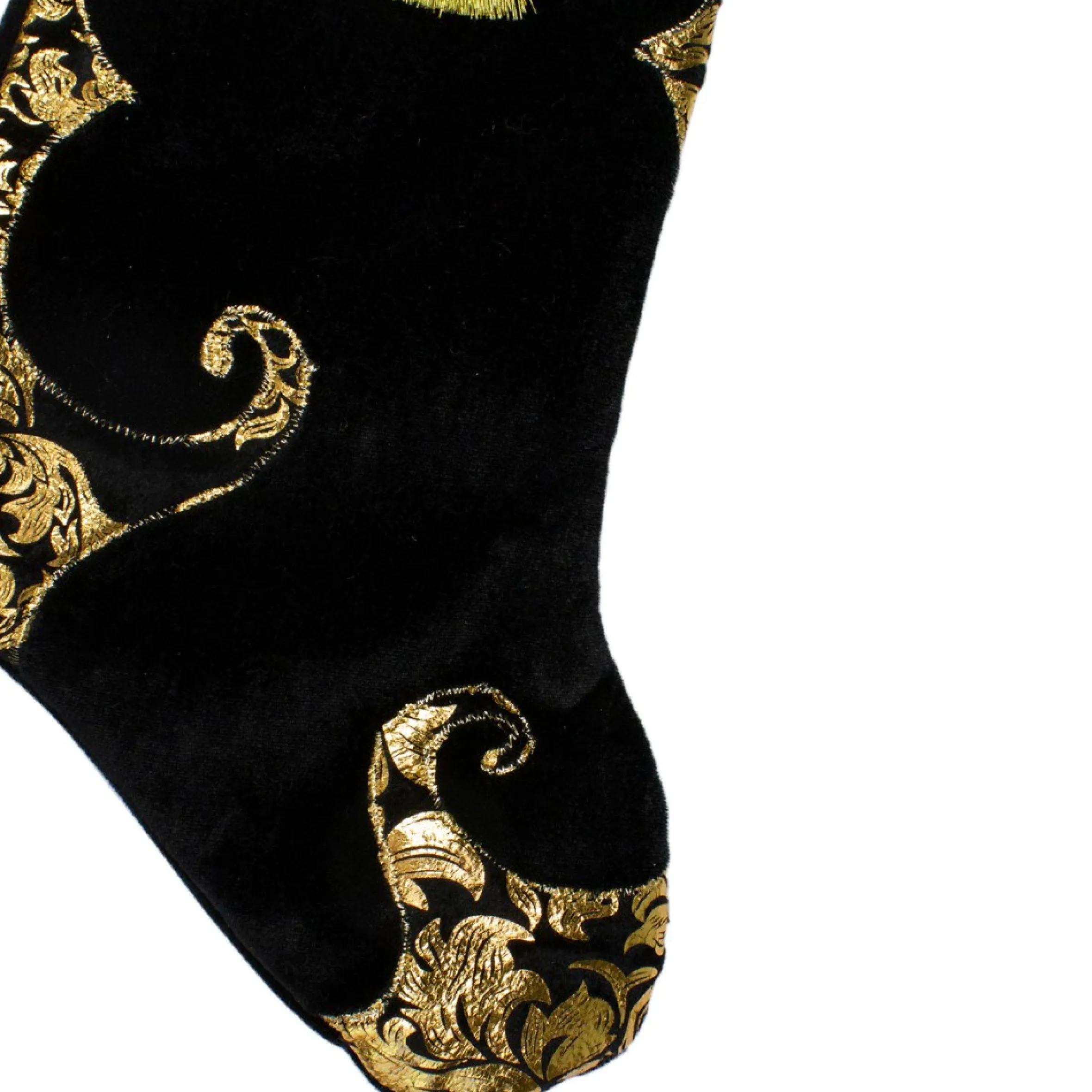 21.5" Black And Gold Damask Velveteen Christmas Stocking With Tassel