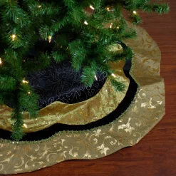 48" Black And Gold Velveteen Floral Scallop Christmas Tree Skirt