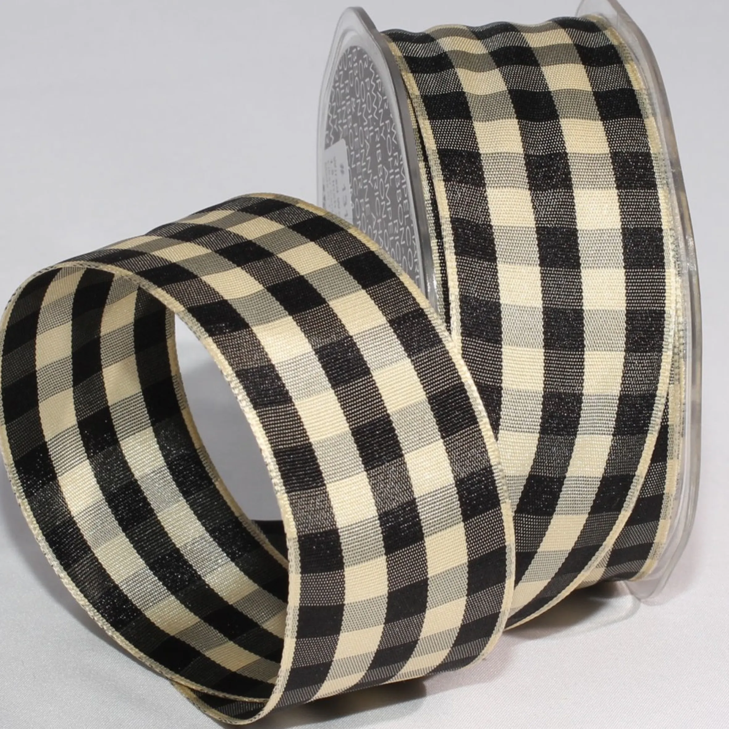 Black And Ivory Gingham Wired Woven Edge Craft Ribbon 1.5" X 27 Yards