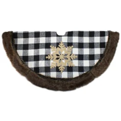 48" Black And White Buffalo Plaid Christmas Tree Skirt With Burlap Snowflake