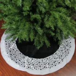 48" Black And White Glittered Polka Dot Christmas Tree Skirt With Faux Fur Trim