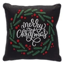 15.5" Black And White "Merry Christmas" Berry Wreath Throw Pillow