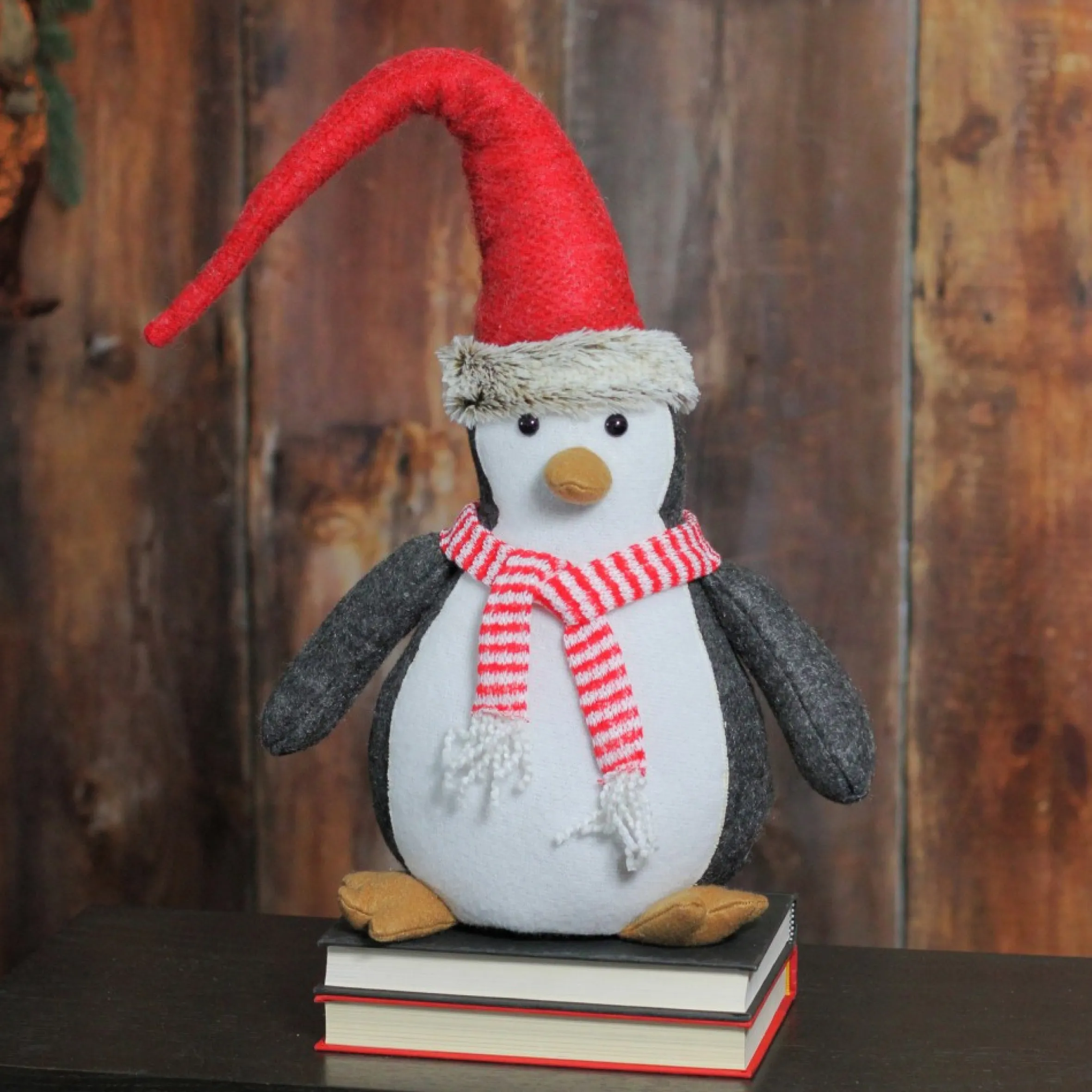 16" Black And White Penguin Striped Scarf And Santa Hat Christmas Figure