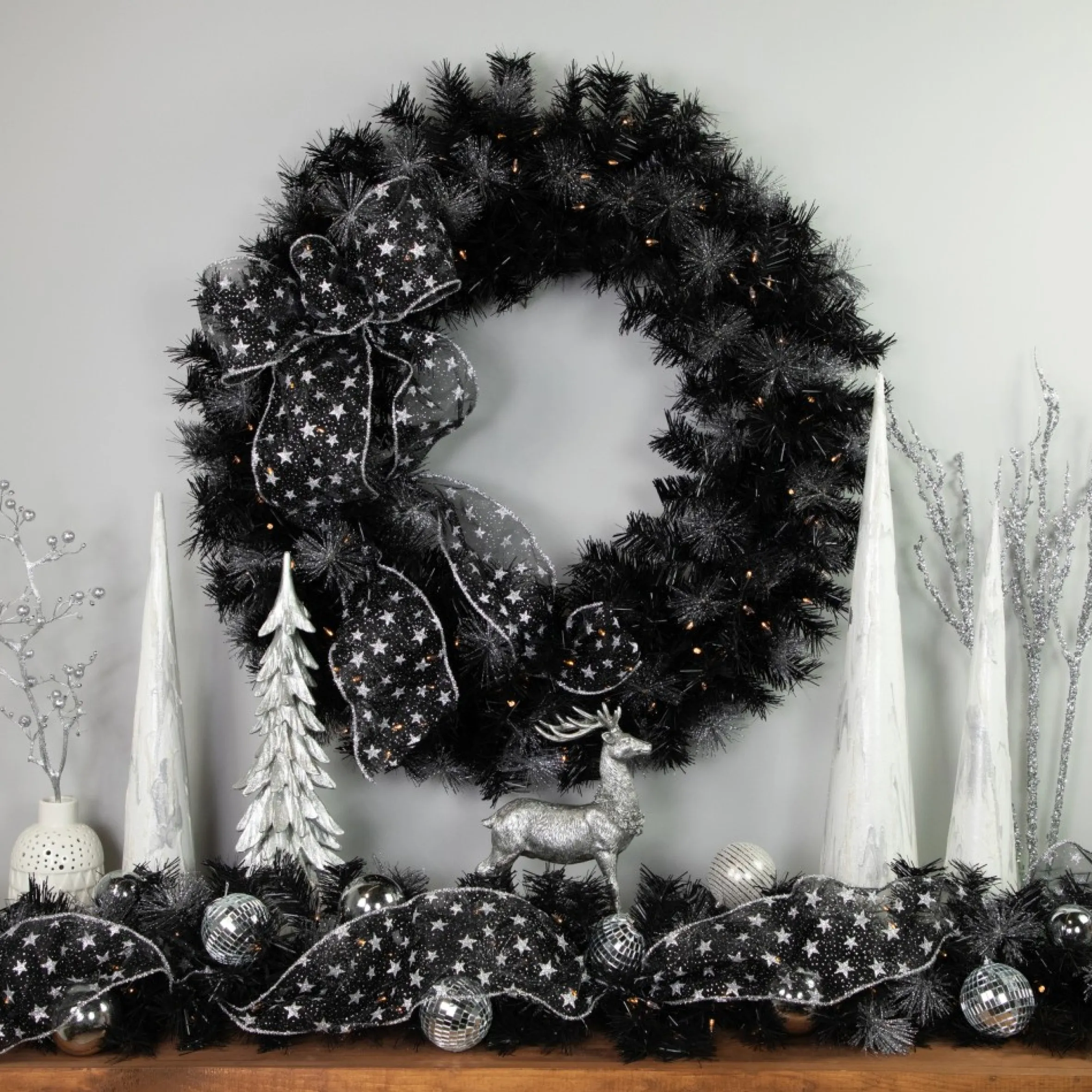 Black Bristle Artificial Christmas Wreath- 36 Inches, Warm White Led Lights