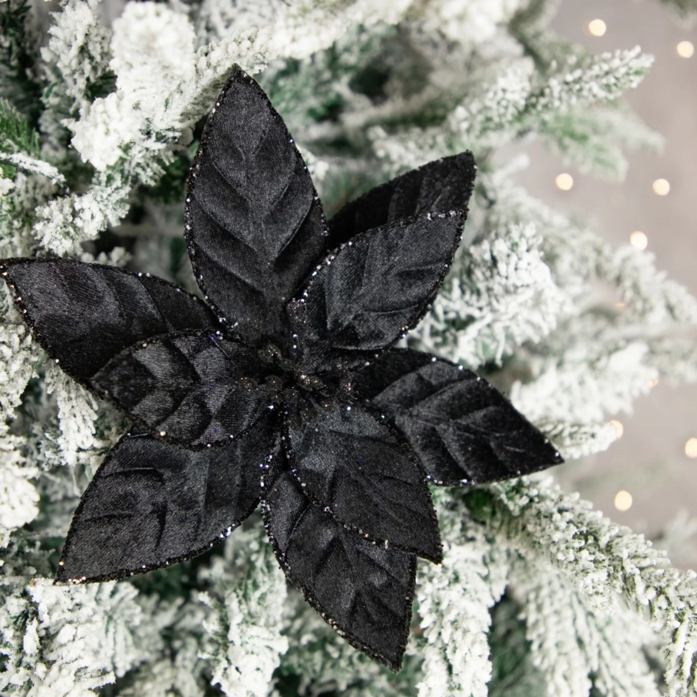 10" Black Glittered Poinsettia Christmas Floral Clip
