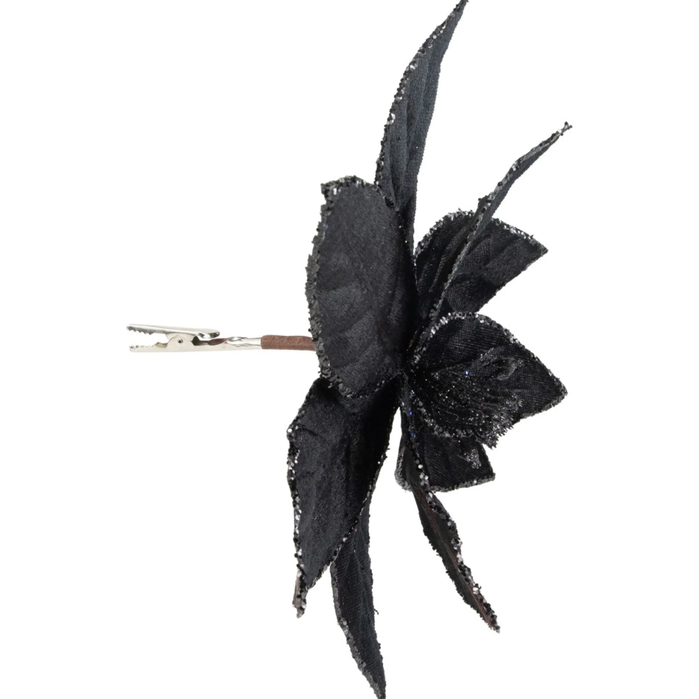 10" Black Glittered Poinsettia Christmas Floral Clip