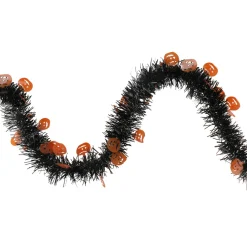50' Black With Orange Jack O Lanterns Halloween Tinsel Garland - Unlit