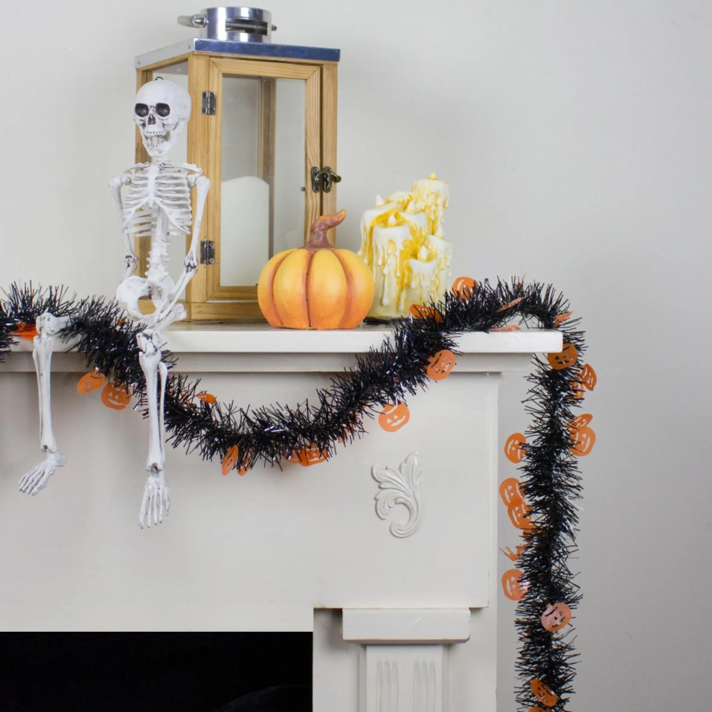 50' Black With Orange Jack O Lanterns Halloween Tinsel Garland - Unlit