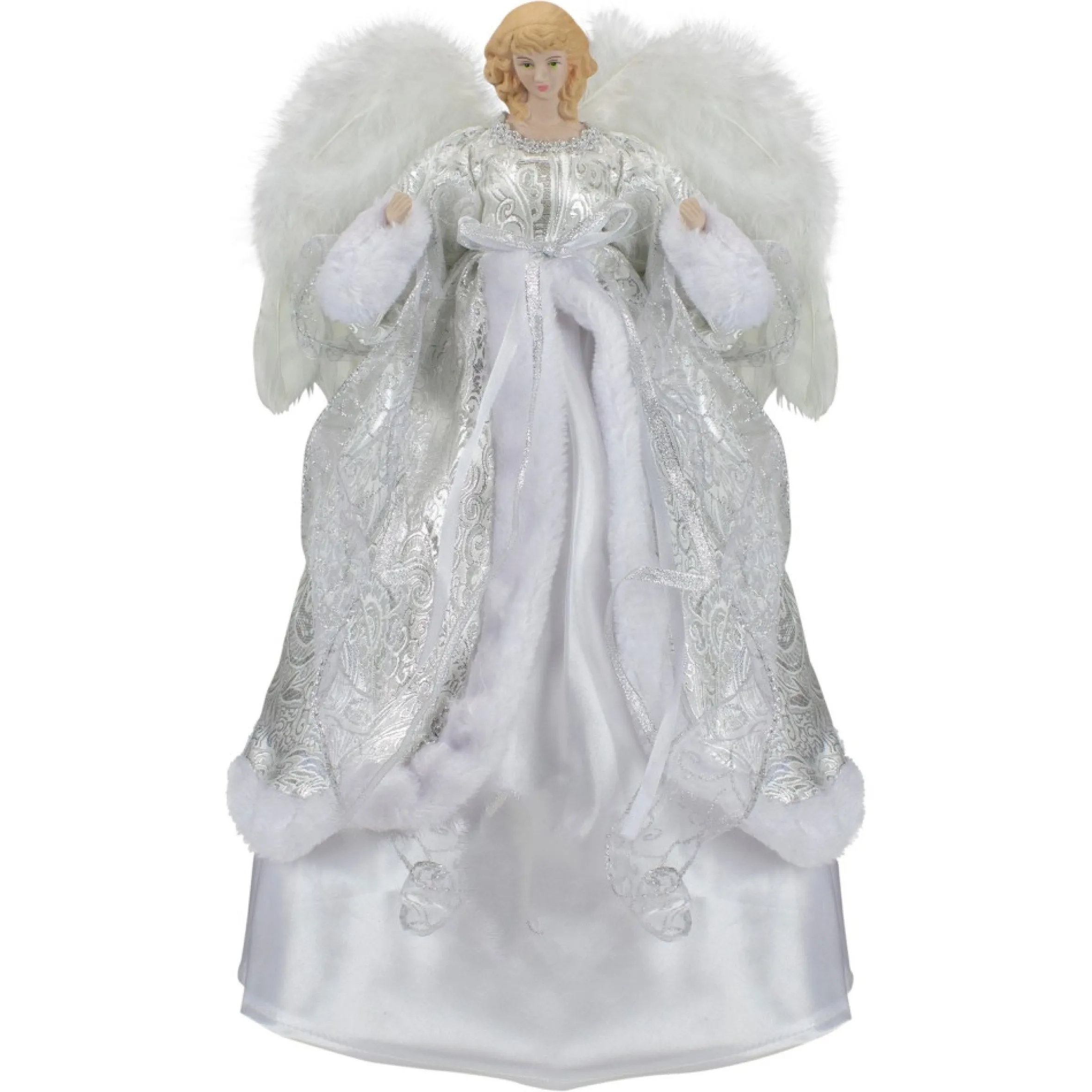 18" Blonde Angel In White And Sliver Dress With Faux Fur Trim Christmas Tree Topper