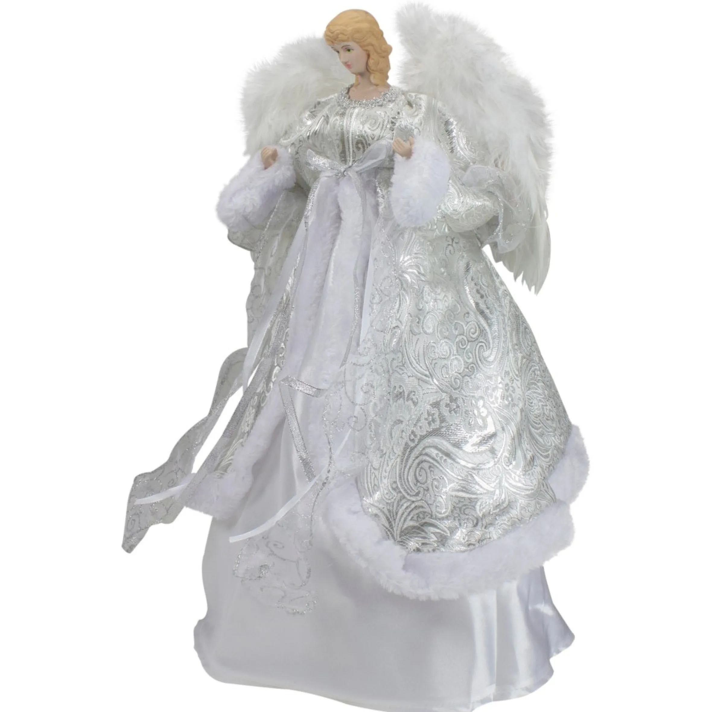18" Blonde Angel In White And Sliver Dress With Faux Fur Trim Christmas Tree Topper