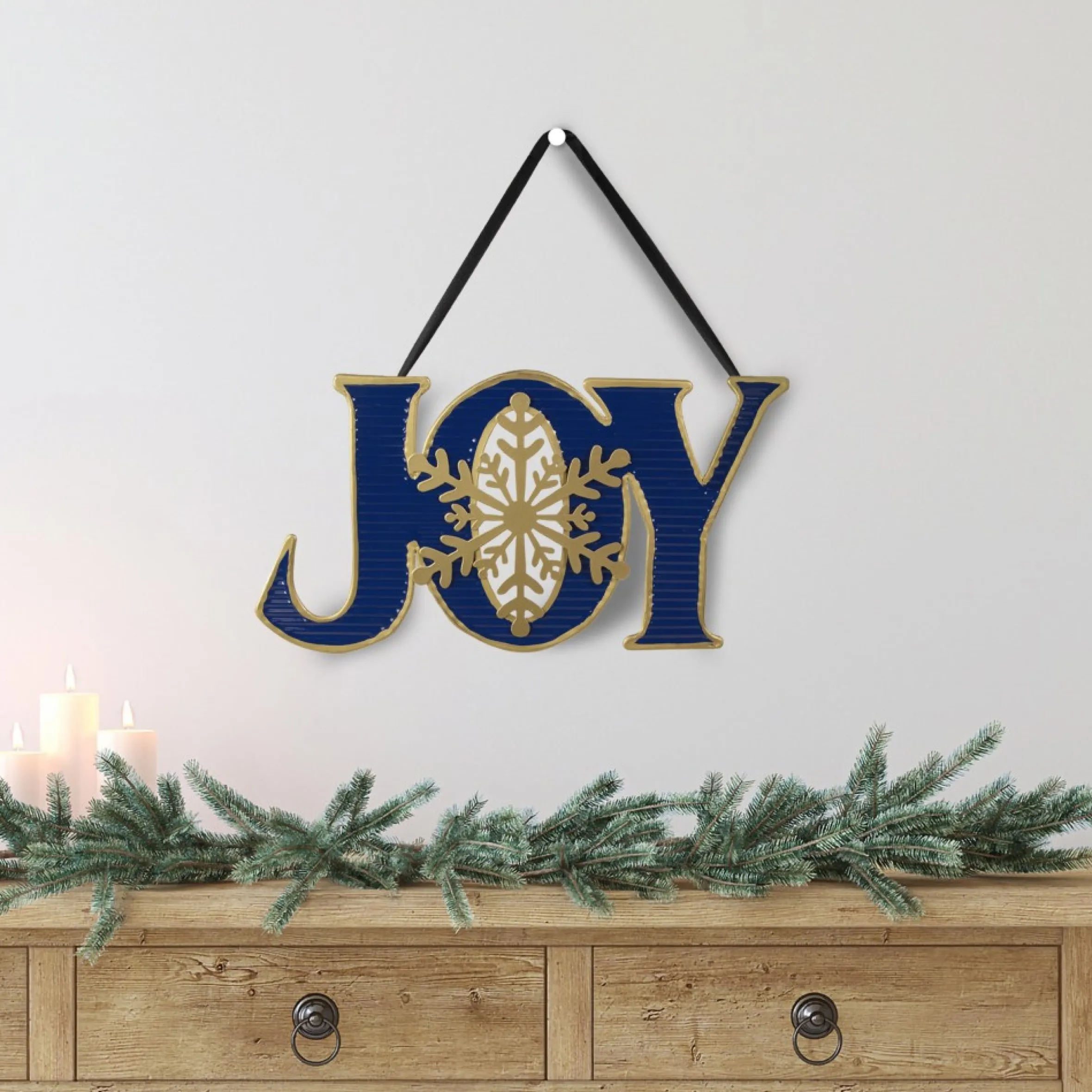 16" Blue And Gold "Joy" Metal Christmas Wall Sign