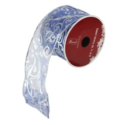 Blue And Silver Abstract Swirls Christmas Wired Craft Ribbon 2.5" X 10 Yards