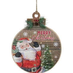 15" B/O Lighted Ball Ornament With Santa Claus Wooden Christmas Wall Sign