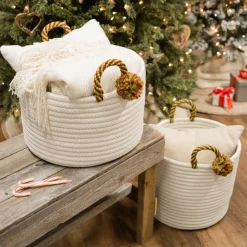 16" Braided Round Candy Cane Basket With Red And Green Handles