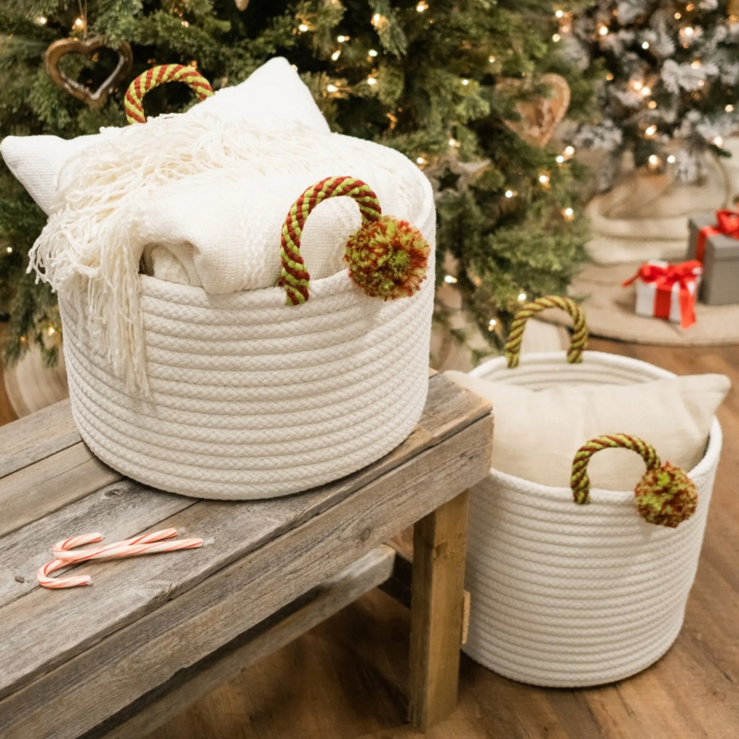 16" Braided Round Candy Cane Basket With Red And Green Handles