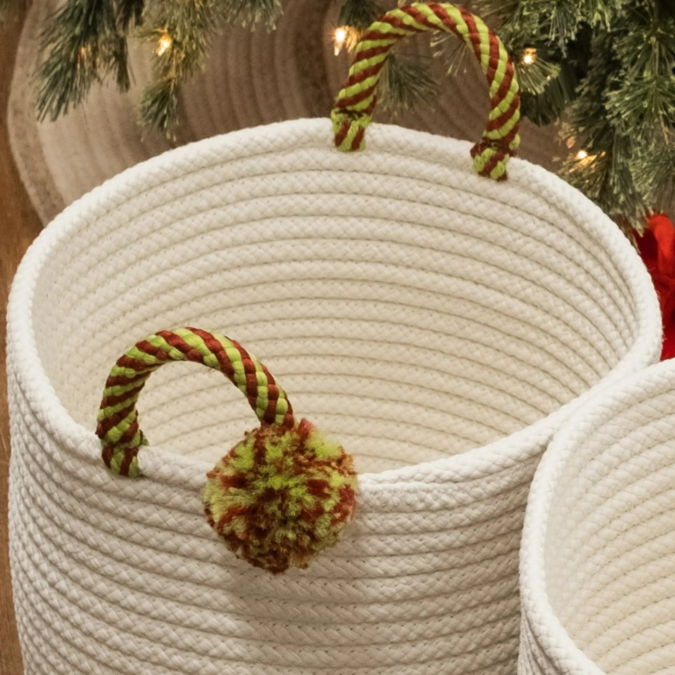 16" Braided Round Candy Cane Basket With Red And Green Handles