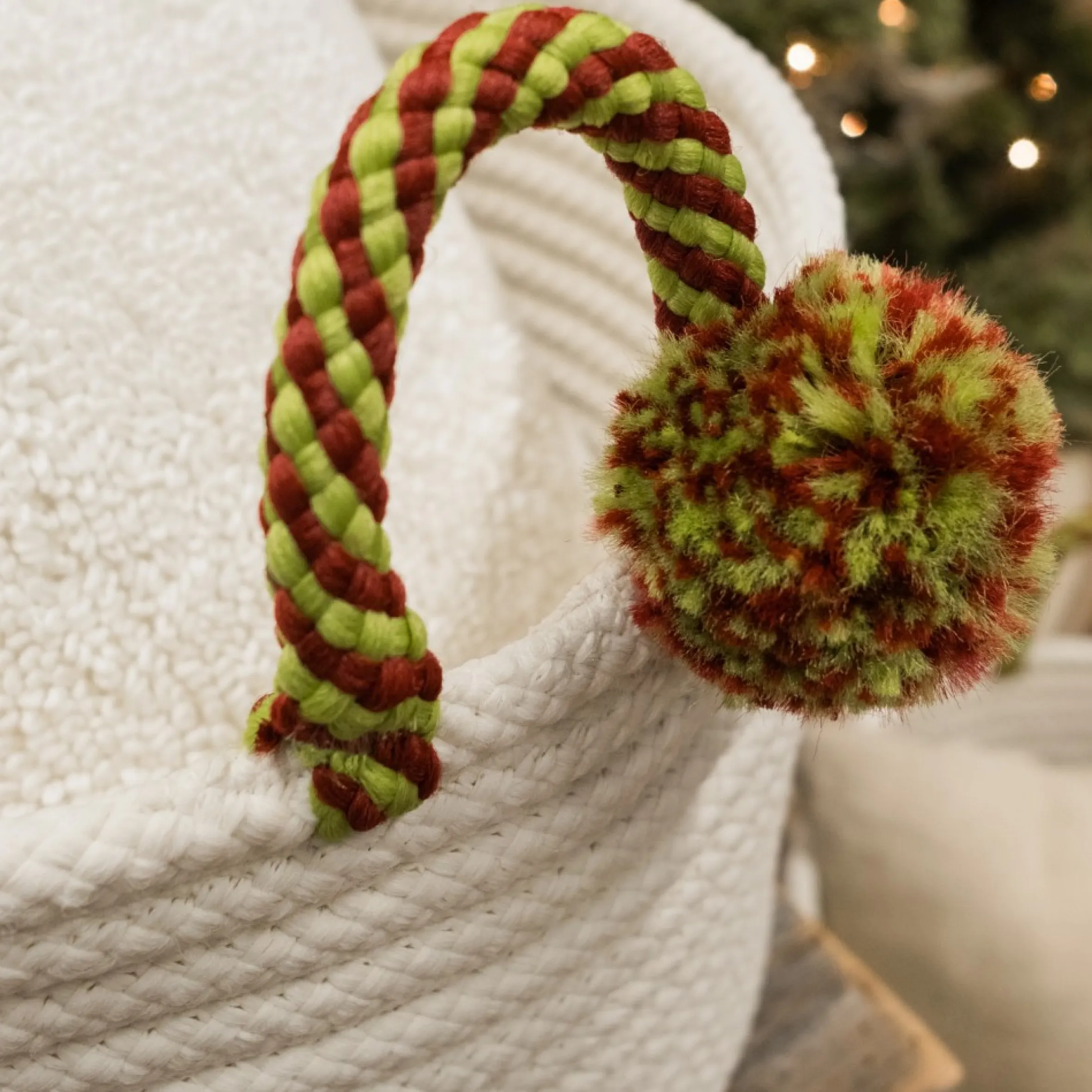 16" Braided Round Candy Cane Basket With Red And Green Handles