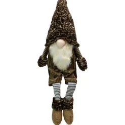 34" Brown And Gray Sitting Christmas Gnome With Striped Dangling Legs