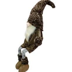 34" Brown And Gray Sitting Christmas Gnome With Striped Dangling Legs