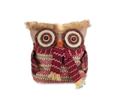 14" Brown And Red Nordic Owl With Scarf Christmas Throw Pillow