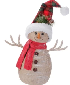 13.25" Brown And Red Snowman With Plaid Snow Cap Christmas Decor