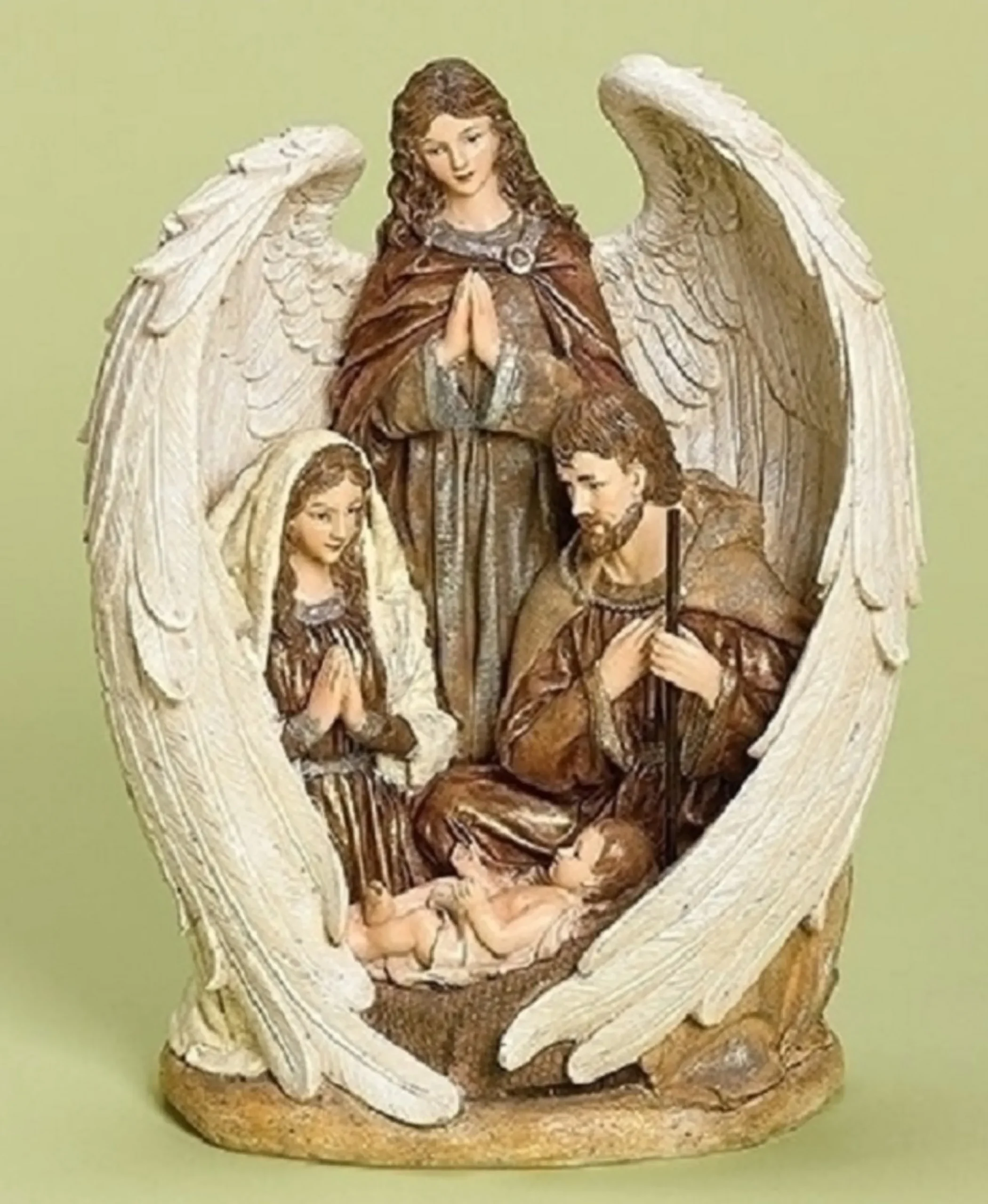 12.5" Brown And White Inspirational Holy Family With Angel Christmas Nativity Figurine
